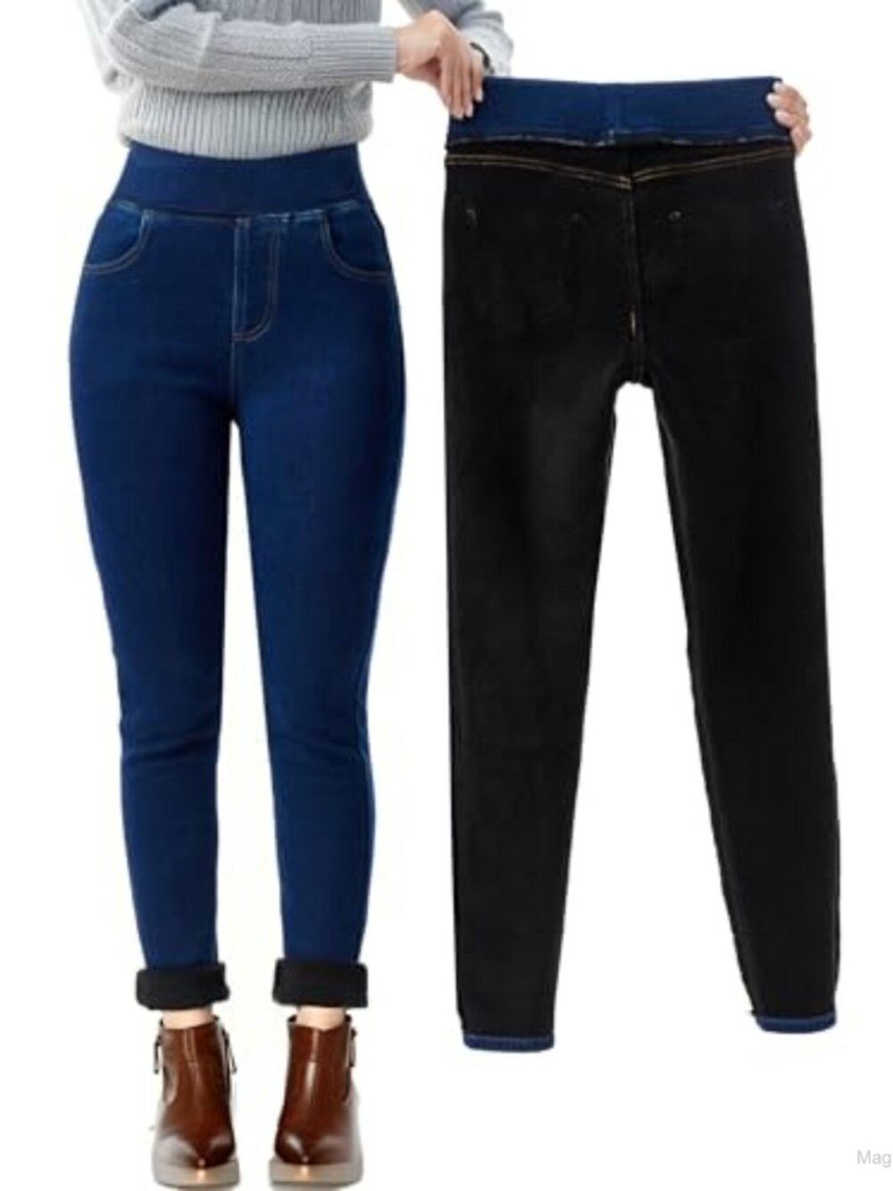 Fleece Lined Jeans Women High Waist Pull On Skinny Thermal Jeggings